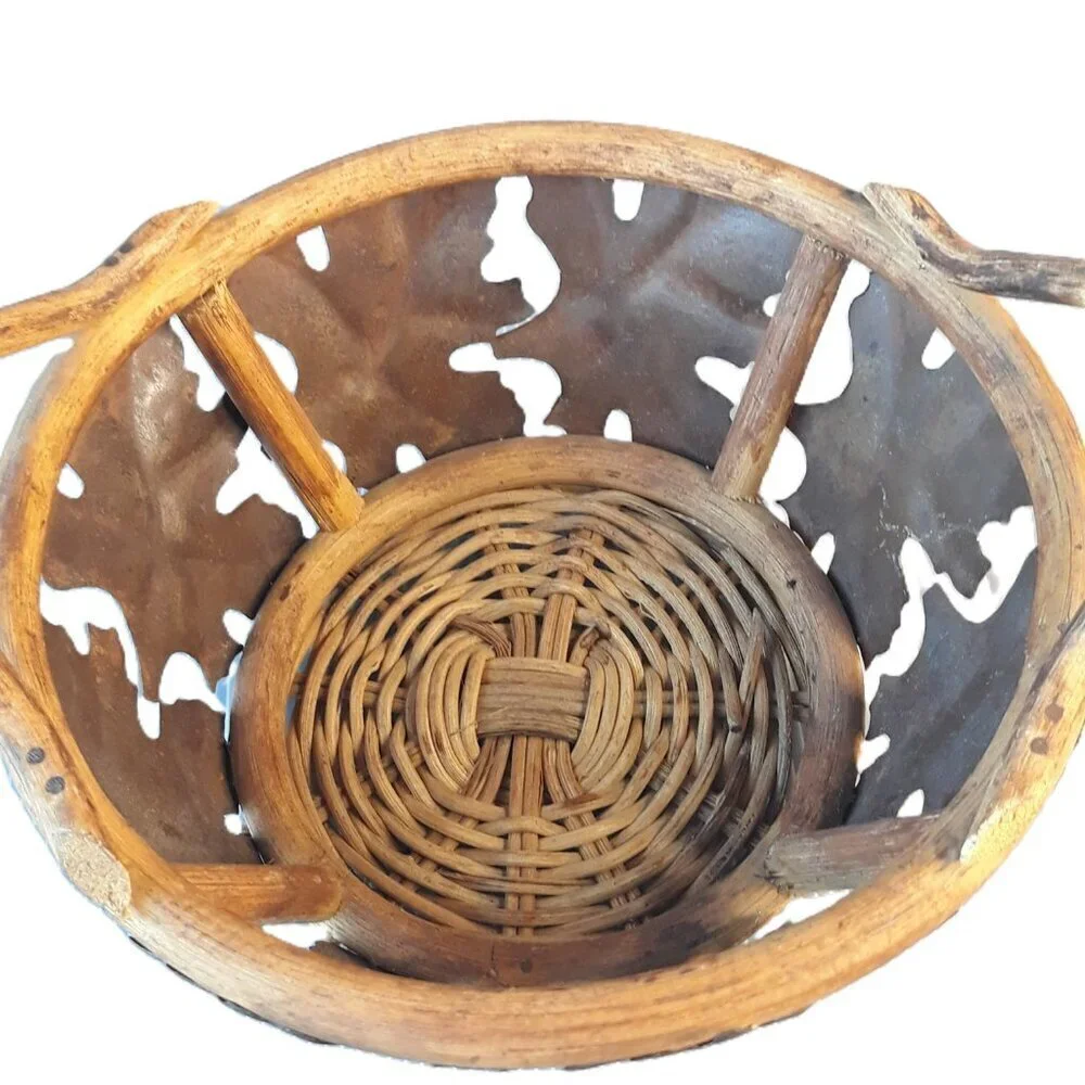 Handmade Wood, Metal Leaves, Raw Edge Basket Rustic Cottagecore Prairie Boho